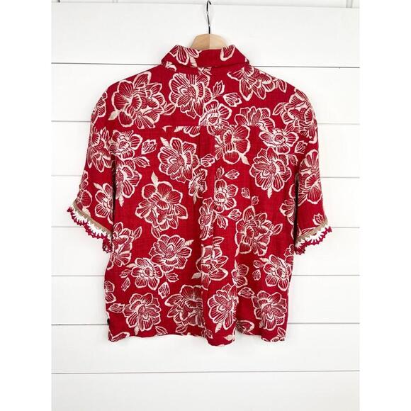 Nautica Jeans Red Floral Print Lace Trim Siesta Key Beach Shirt Size M - Picture 3 of 13